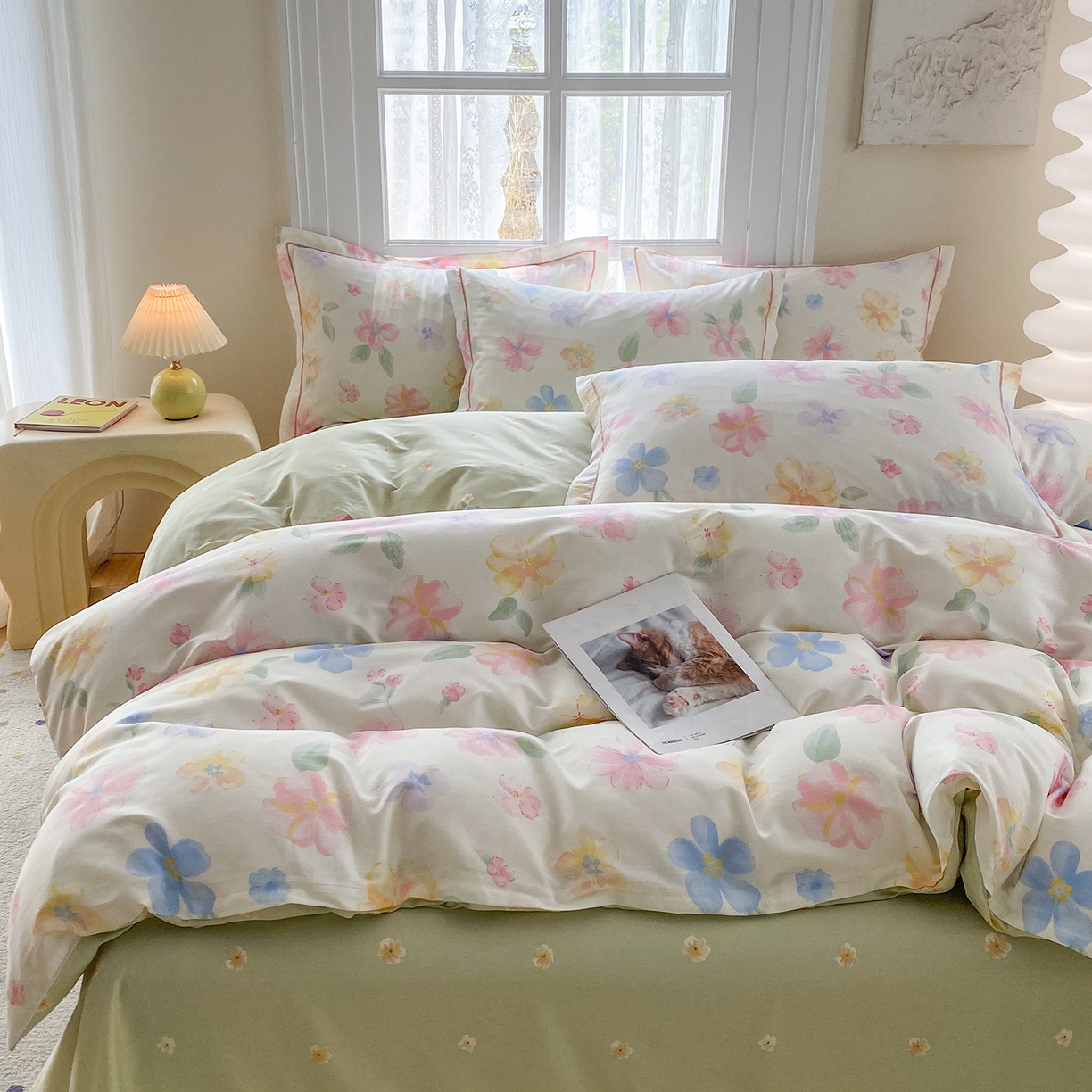 91家纺网 家纺一手货源 找家纺 钰锦铂2026新款直播爆款全棉四件套13070吊边床单一字绣印花纯棉三件套四件套 朵唯-米