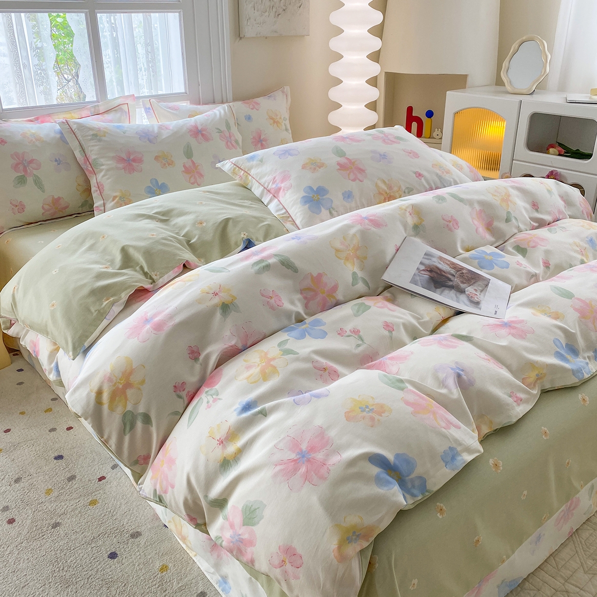 91家纺网 家纺一手货源 找家纺 钰锦铂2026新款直播爆款全棉四件套13070吊边床单一字绣印花纯棉三件套四件套 朵唯-米