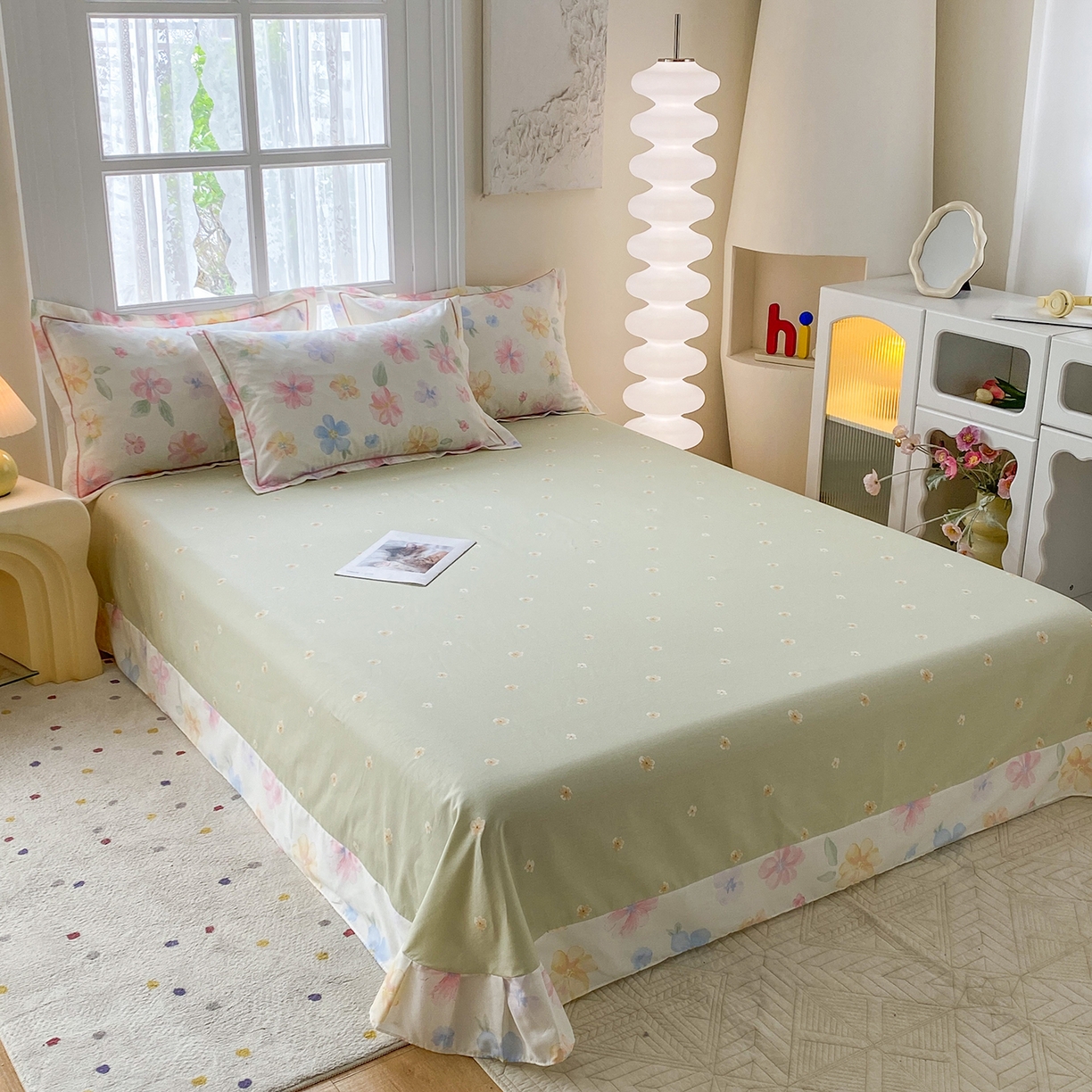 91家纺网 家纺一手货源 找家纺 钰锦铂2026新款直播爆款全棉四件套13070吊边床单一字绣印花纯棉三件套四件套 朵唯-米