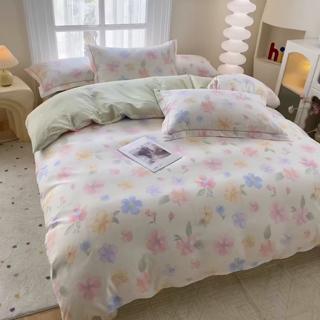 91家纺网 家纺一手货源 找家纺 钰锦铂2026新款直播爆款全棉四件套13070吊边床单一字绣印花纯棉三件套四件套 朵唯-米