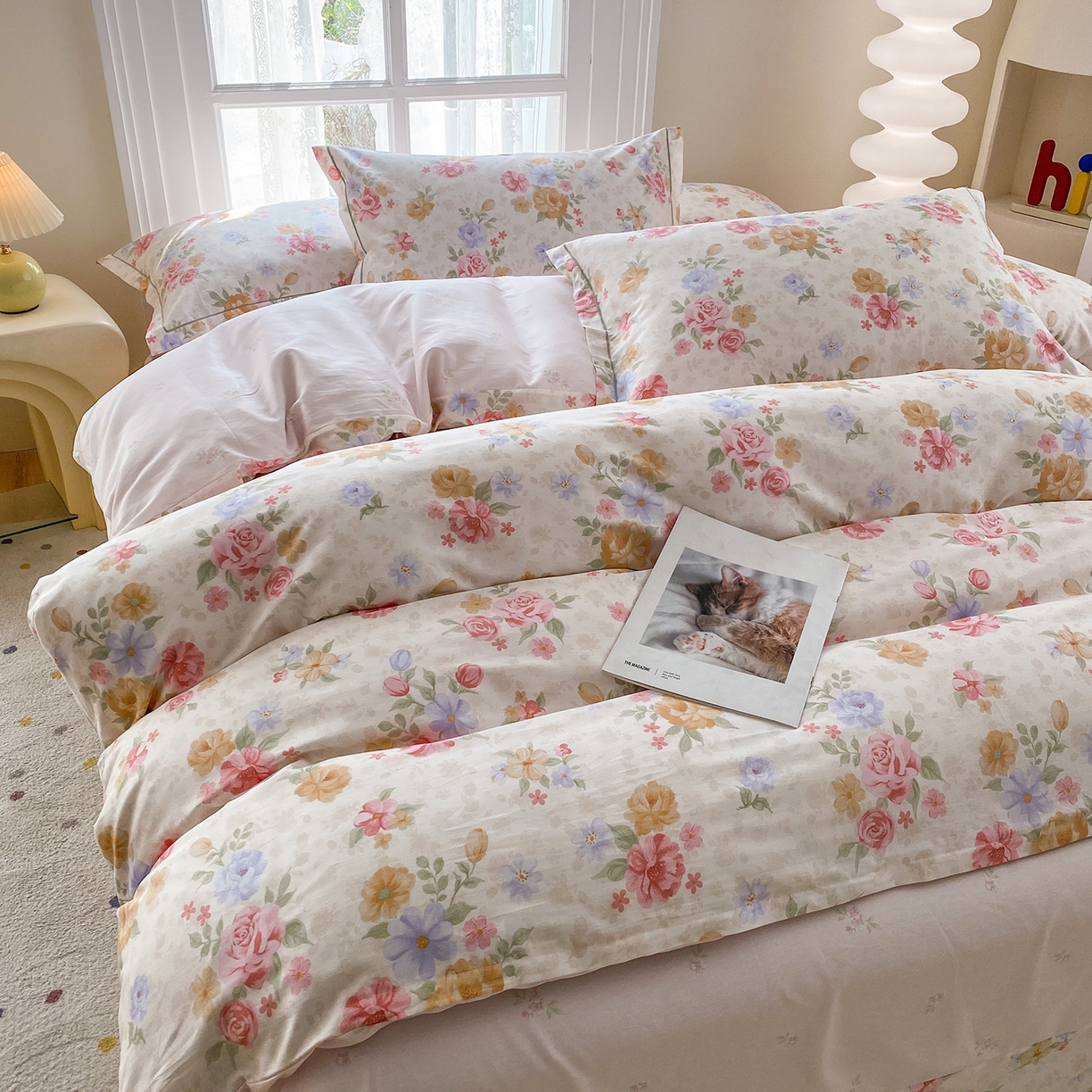 钰锦铂2026新款直播爆款全棉四件套13070吊边床单一字绣印花纯棉三件套四件套 花萃清风-红