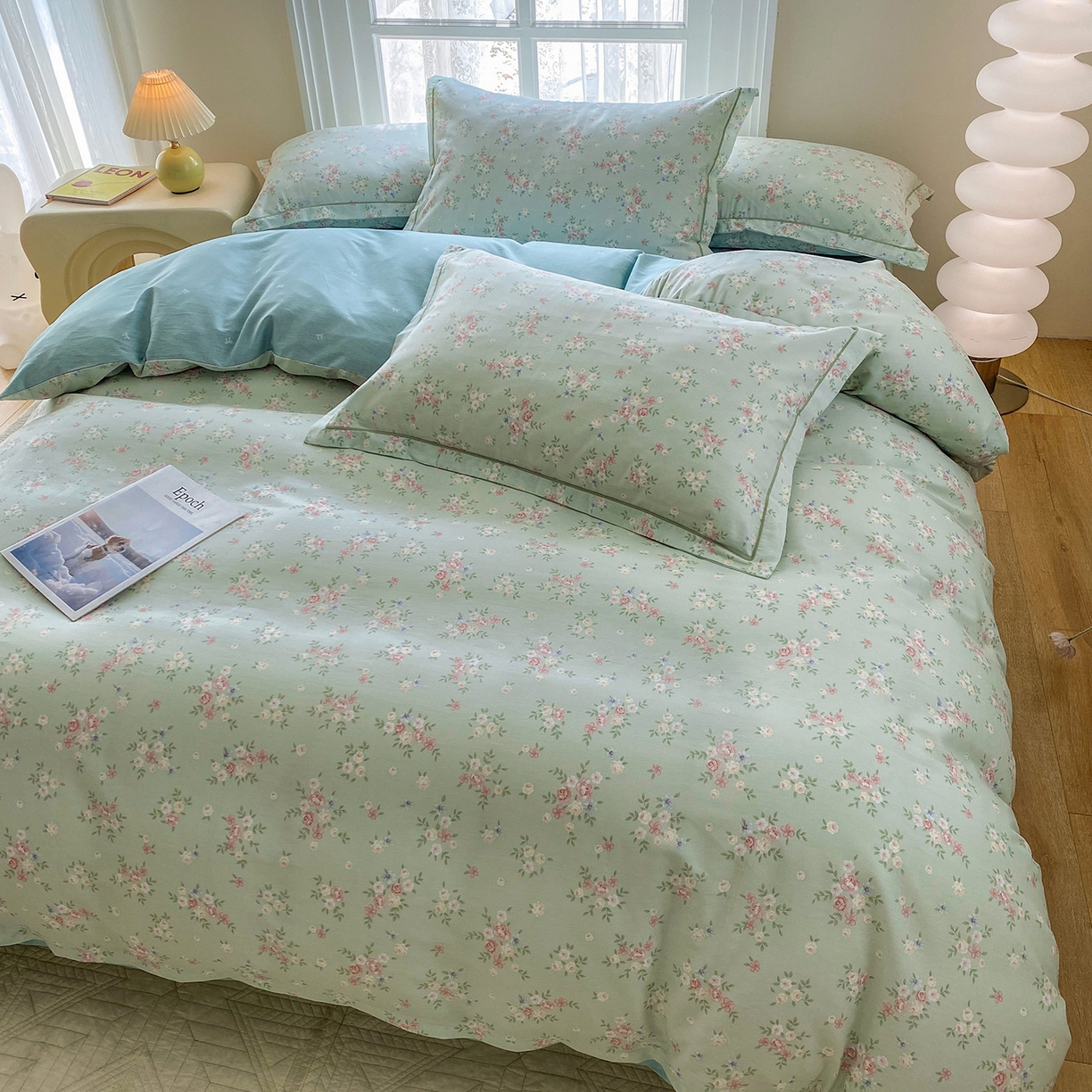 91家纺网 家纺一手货源 找家纺 钰锦铂2026新款直播爆款全棉四件套13070吊边床单一字绣印花纯棉三件套四件套 花香丽影-绿