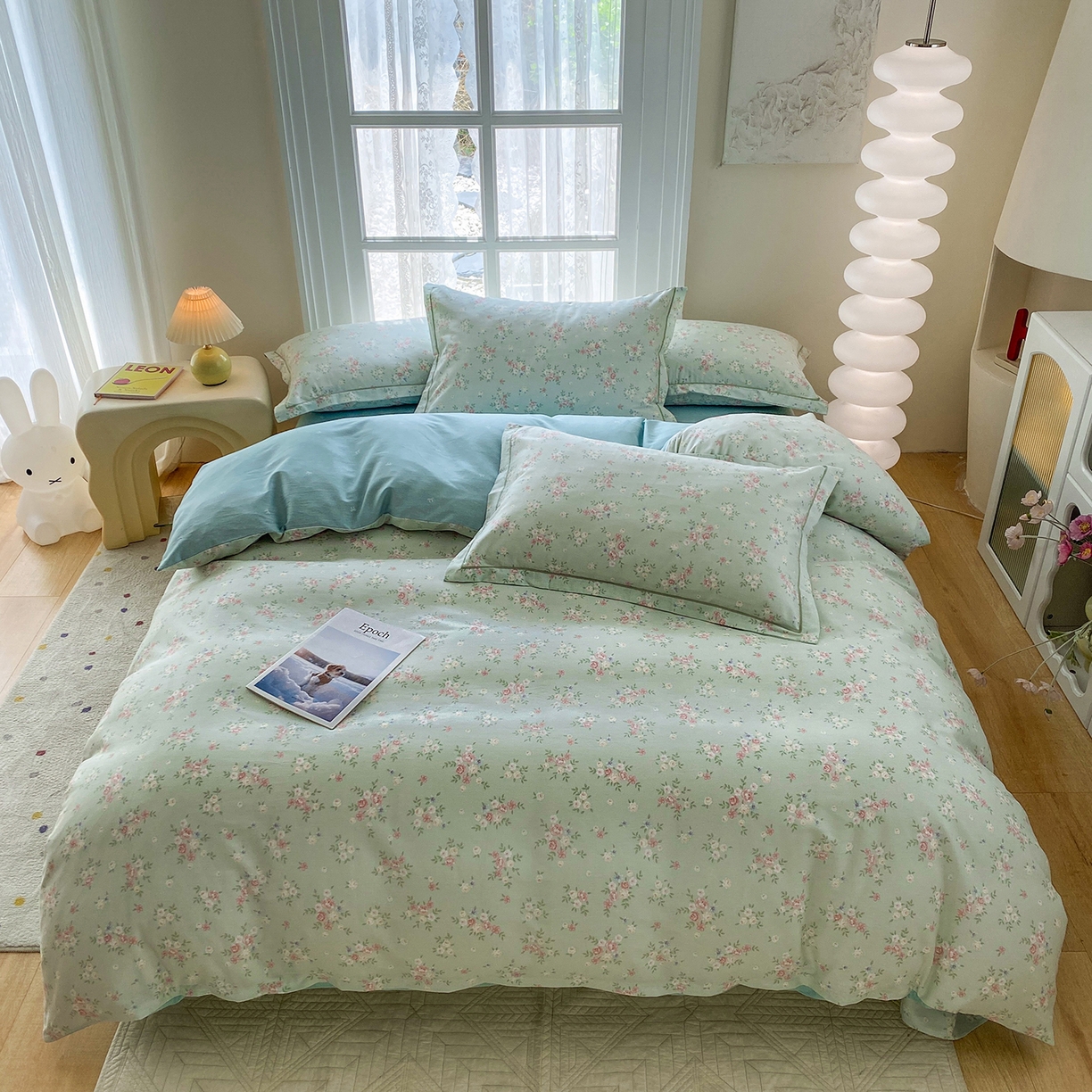 91家纺网 家纺一手货源 找家纺 钰锦铂2026新款直播爆款全棉四件套13070吊边床单一字绣印花纯棉三件套四件套 花香丽影-绿