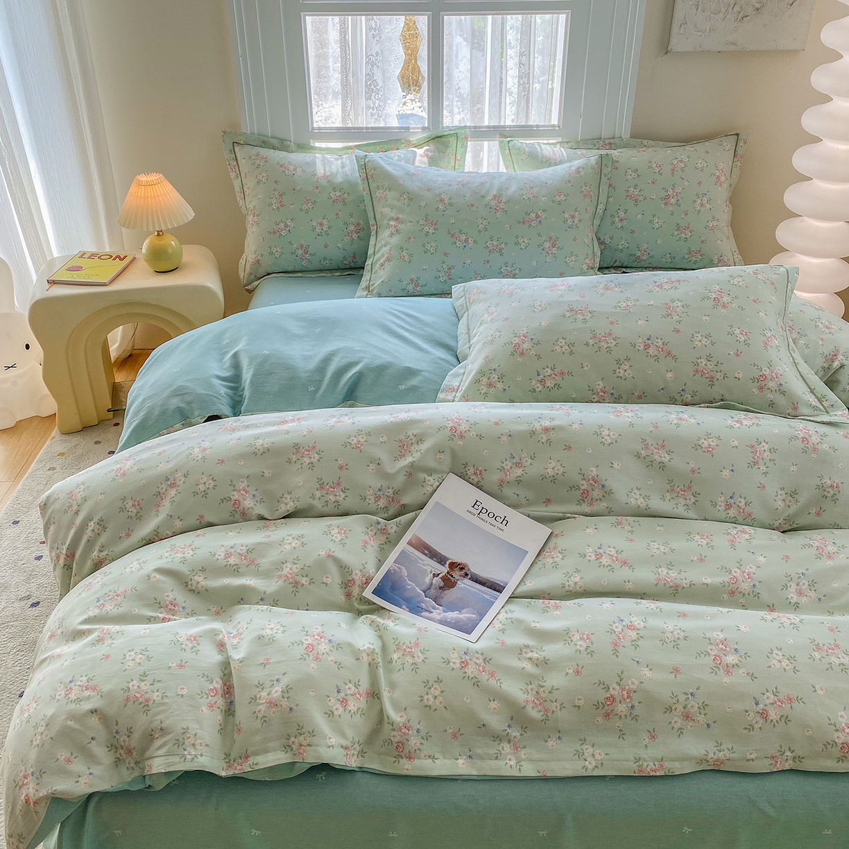 91家纺网 家纺一手货源 找家纺 钰锦铂2026新款直播爆款全棉四件套13070吊边床单一字绣印花纯棉三件套四件套 花香丽影-绿