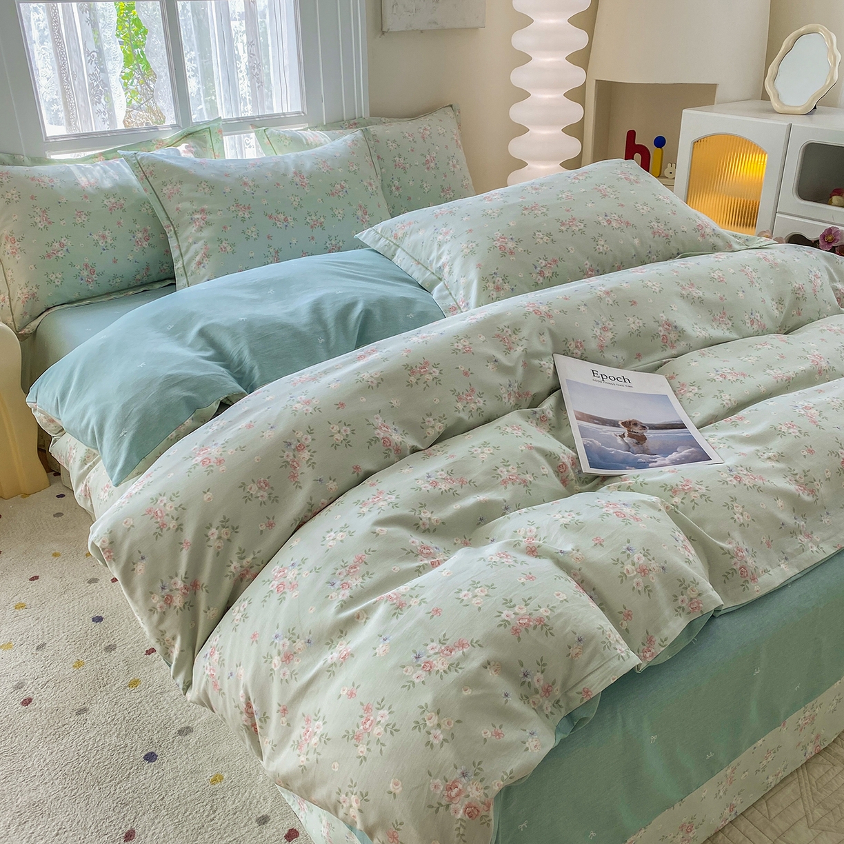 91家纺网 家纺一手货源 找家纺 钰锦铂2026新款直播爆款全棉四件套13070吊边床单一字绣印花纯棉三件套四件套 花香丽影-绿