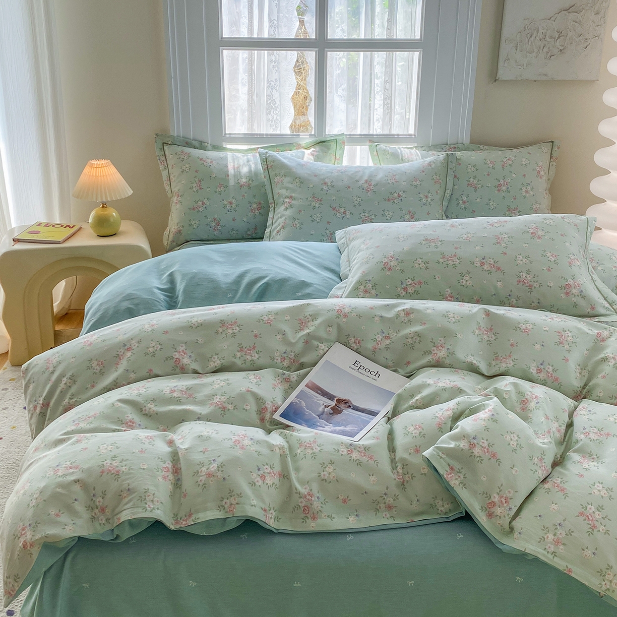 91家纺网 家纺一手货源 找家纺 钰锦铂2026新款直播爆款全棉四件套13070吊边床单一字绣印花纯棉三件套四件套 花香丽影-绿