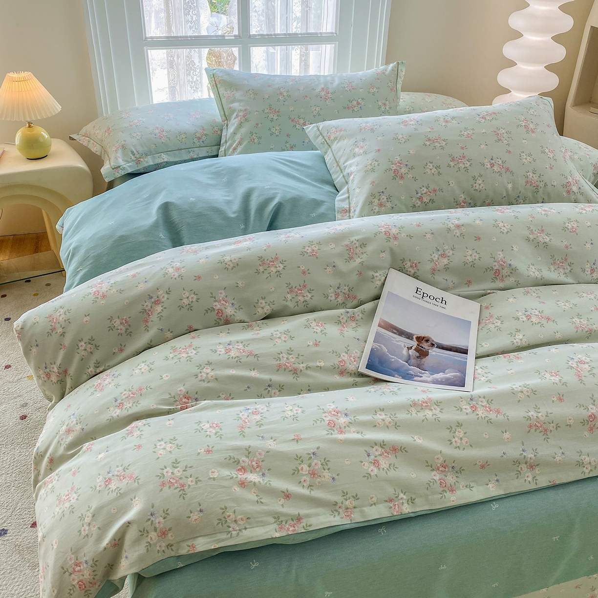 钰锦铂2026新款直播爆款全棉四件套13070吊边床单一字绣印花纯棉三件套四件套 花香丽影-绿