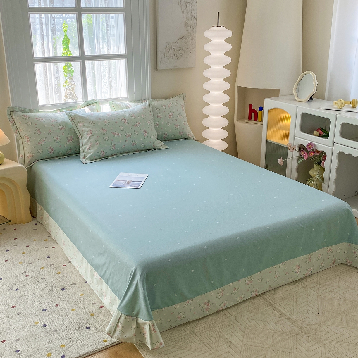 91家纺网 家纺一手货源 找家纺 钰锦铂2026新款直播爆款全棉四件套13070吊边床单一字绣印花纯棉三件套四件套 花香丽影-绿