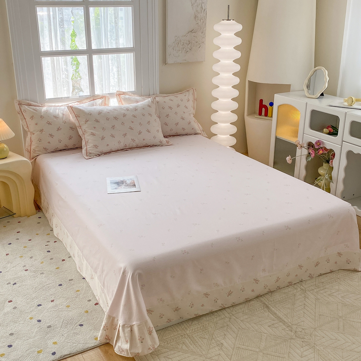 91家纺网 家纺一手货源 找家纺 钰锦铂2026新款直播爆款全棉四件套13070吊边床单一字绣印花纯棉三件套四件套 洛克庄园-粉