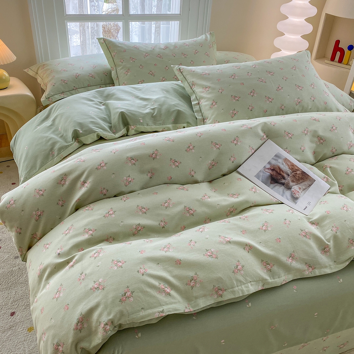 钰锦铂2026新款直播爆款全棉四件套13070吊边床单一字绣印花纯棉三件套四件套 洛克庄园-绿