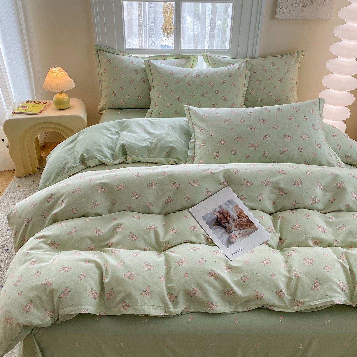 91家纺网 家纺一手货源 找家纺 钰锦铂2026新款直播爆款全棉四件套13070吊边床单一字绣印花纯棉三件套四件套 洛克庄园-绿