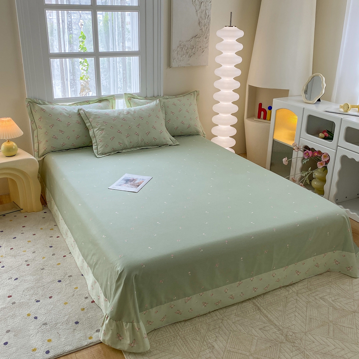 91家纺网 家纺一手货源 找家纺 钰锦铂2026新款直播爆款全棉四件套13070吊边床单一字绣印花纯棉三件套四件套 洛克庄园-绿