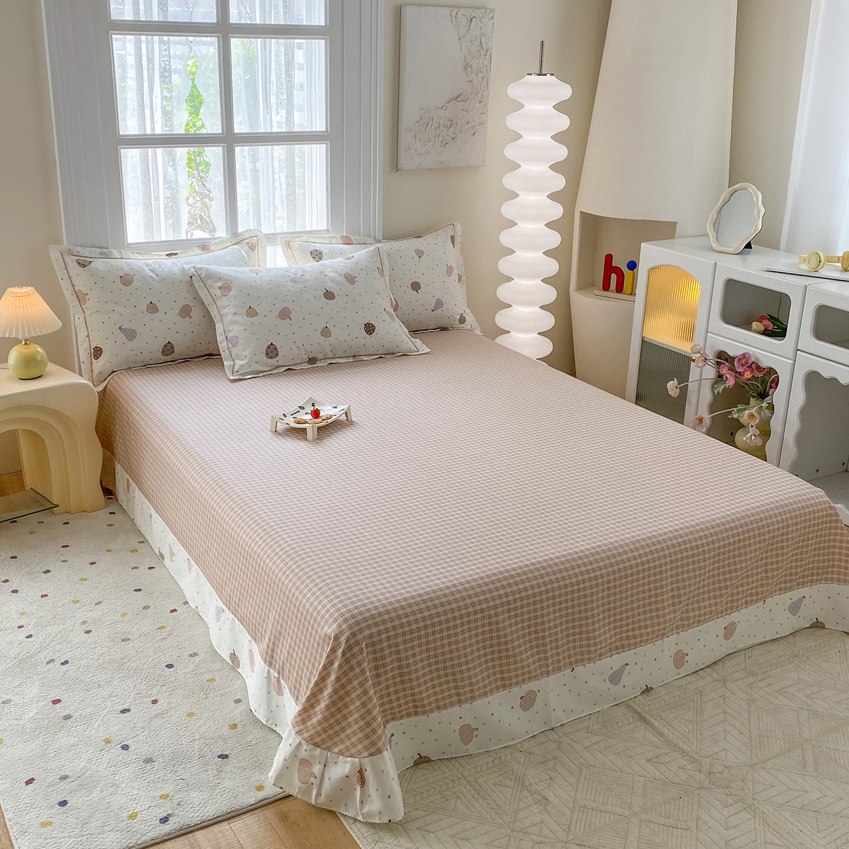 91家纺网 家纺一手货源 找家纺 钰锦铂2026新款直播爆款全棉四件套13070吊边床单一字绣印花纯棉三件套四件套 南瓜多多-米