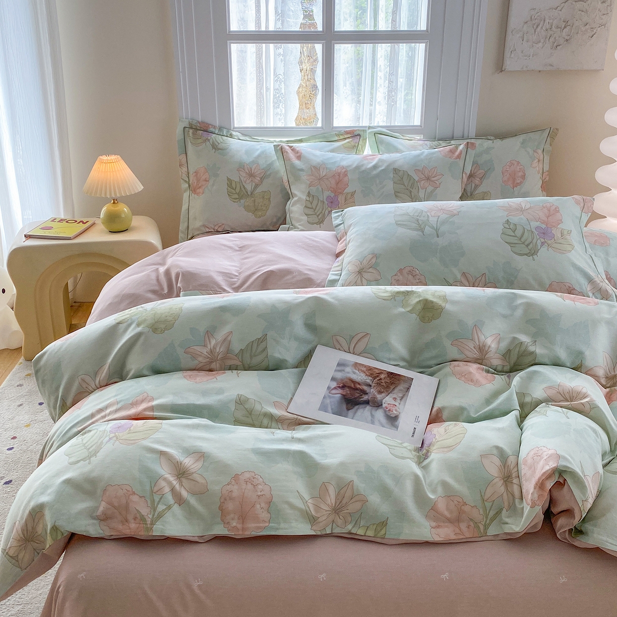 91家纺网 家纺一手货源 找家纺 钰锦铂2026新款直播爆款全棉四件套13070吊边床单一字绣印花纯棉三件套四件套 叶缦-蓝