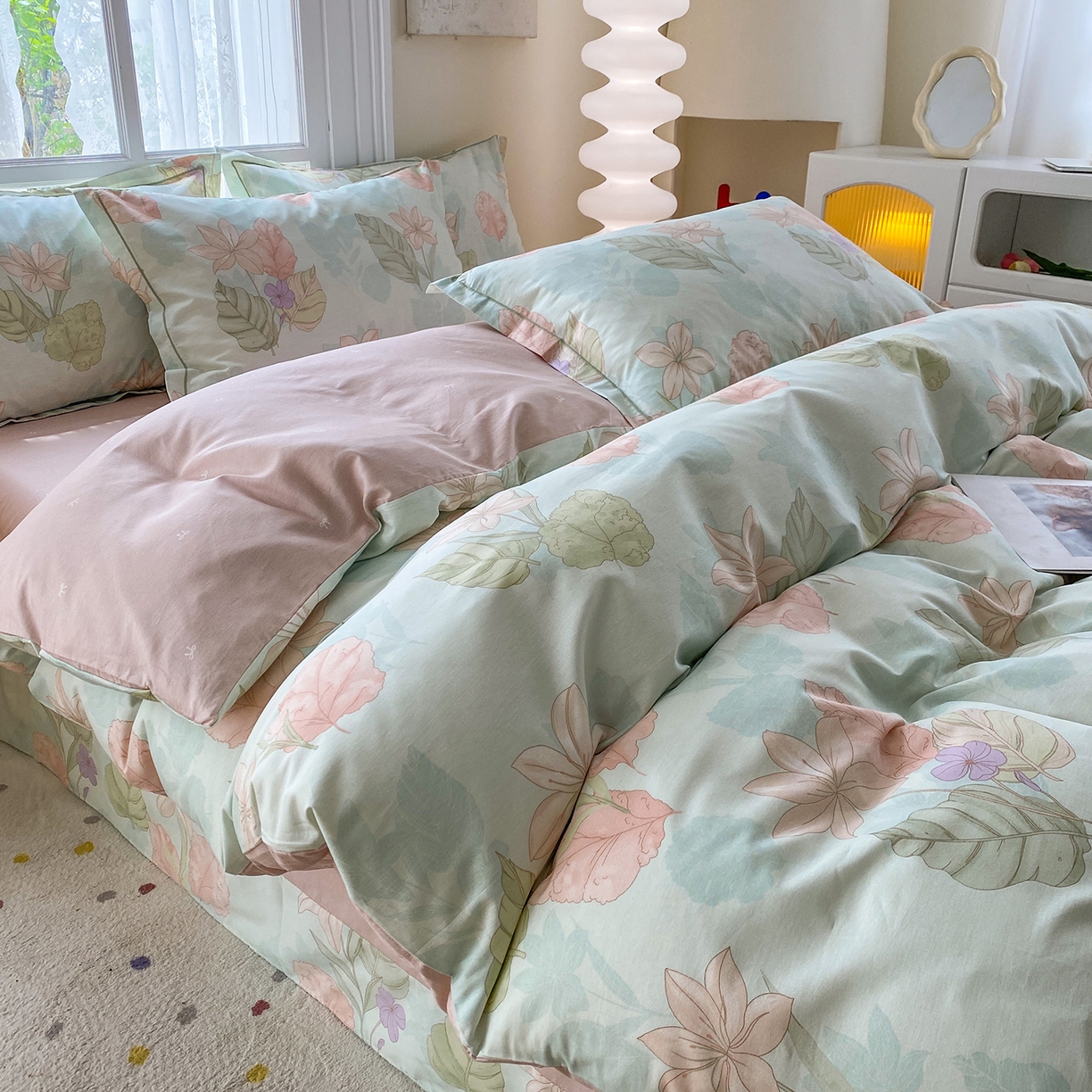 91家纺网 家纺一手货源 找家纺 钰锦铂2026新款直播爆款全棉四件套13070吊边床单一字绣印花纯棉三件套四件套 叶缦-蓝