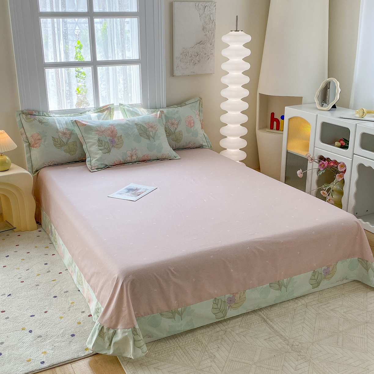 91家纺网 家纺一手货源 找家纺 钰锦铂2026新款直播爆款全棉四件套13070吊边床单一字绣印花纯棉三件套四件套 叶缦-蓝