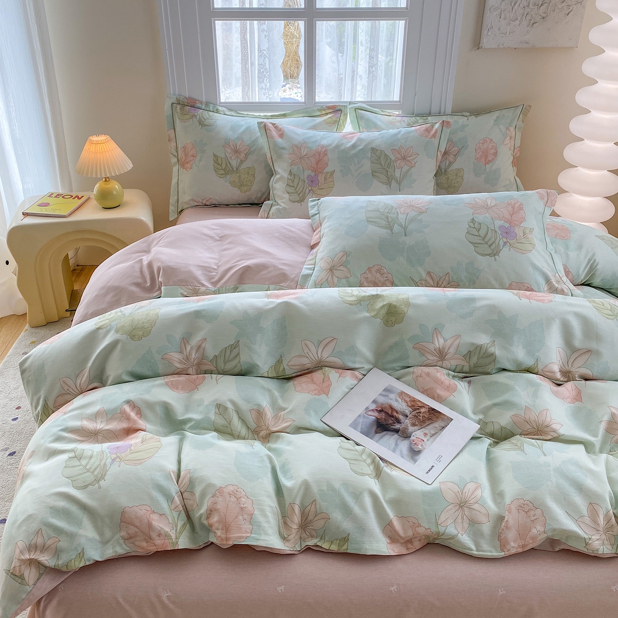 91家纺网 家纺一手货源 找家纺 钰锦铂2026新款直播爆款全棉四件套13070吊边床单一字绣印花纯棉三件套四件套 叶缦-蓝