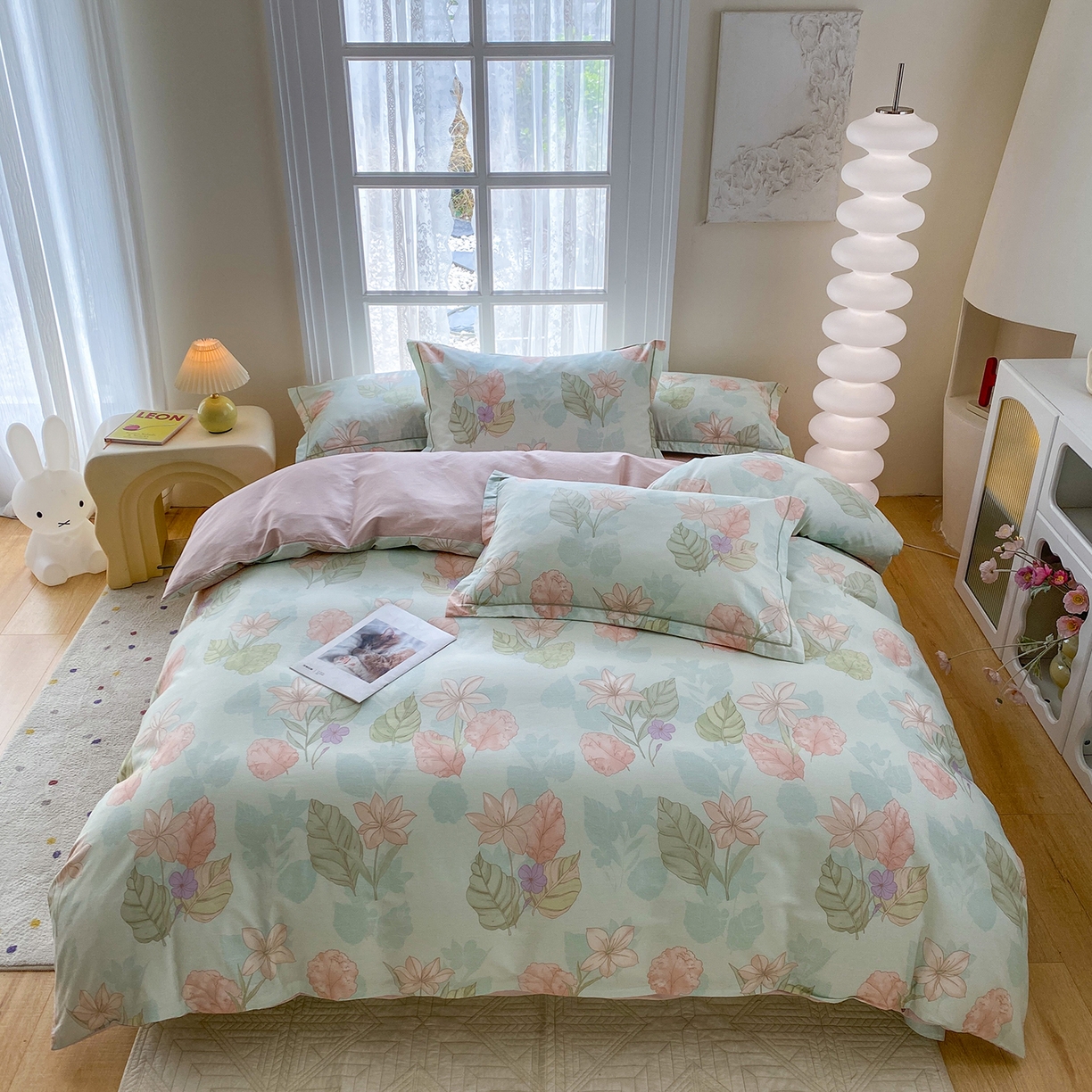 91家纺网 家纺一手货源 找家纺 钰锦铂2026新款直播爆款全棉四件套13070吊边床单一字绣印花纯棉三件套四件套 叶缦-蓝