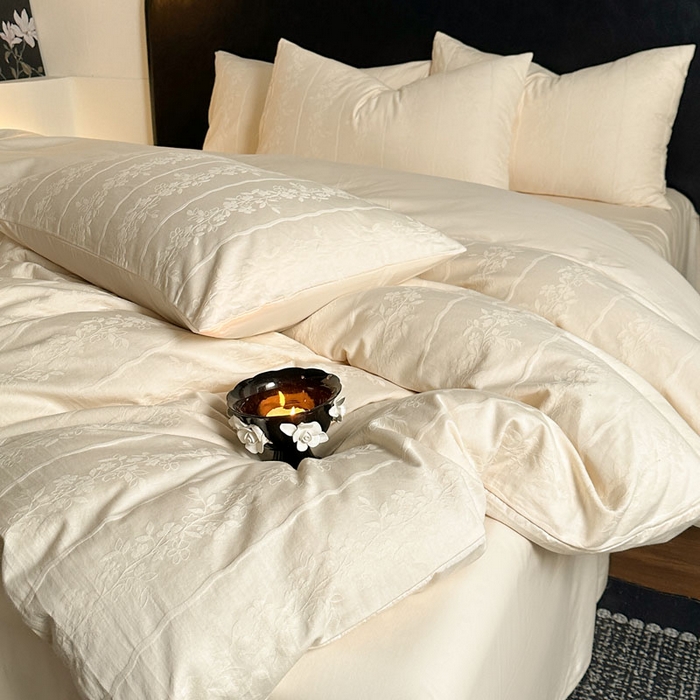 91家纺网 家纺一手货源 找家纺 佰亿莱 2026新款新疆长绒棉60支水洗提花四件套 米白锦纹