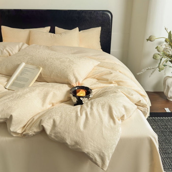 91家纺网 家纺一手货源 找家纺 佰亿莱 2026新款新疆长绒棉60支水洗提花四件套 奶白流云