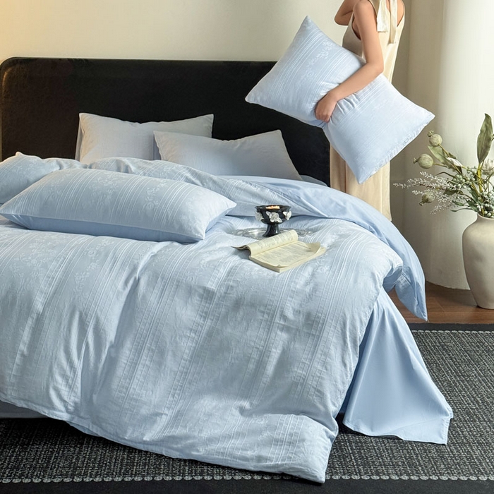 91家纺网 家纺一手货源 找家纺 佰亿莱 2026新款新疆长绒棉60支水洗提花四件套 海之蓝