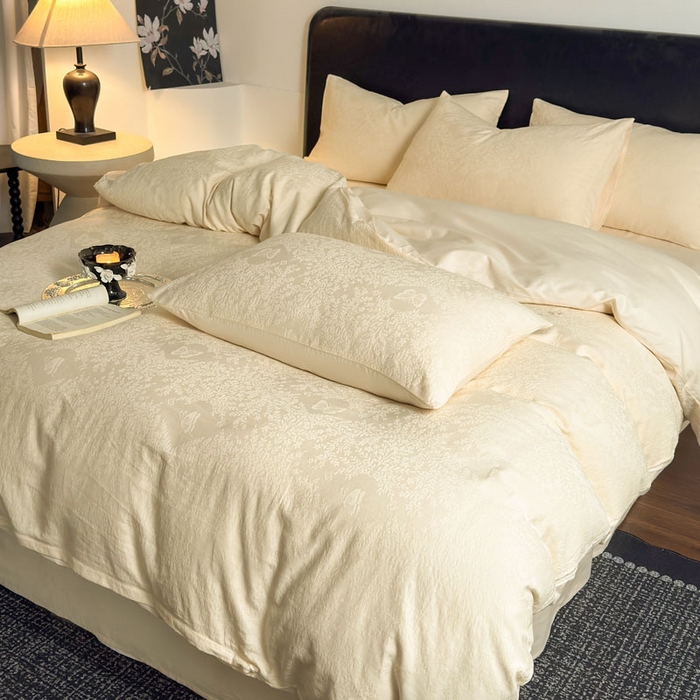 91家纺网 家纺一手货源 找家纺 佰亿莱 2026新款新疆长绒棉60支水洗提花四件套 奶白流云