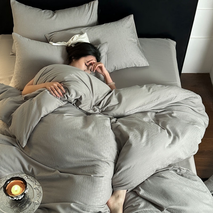 91家纺网 家纺一手货源 找家纺 佰亿莱 2026新款新疆长绒棉60支水洗提花四件套 石纹灰