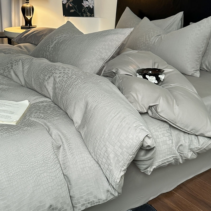 91家纺网 家纺一手货源 找家纺 佰亿莱 2026新款新疆长绒棉60支水洗提花四件套 石纹灰