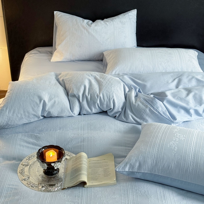 91家纺网 家纺一手货源 找家纺 佰亿莱 2026新款新疆长绒棉60支水洗提花四件套 海之蓝