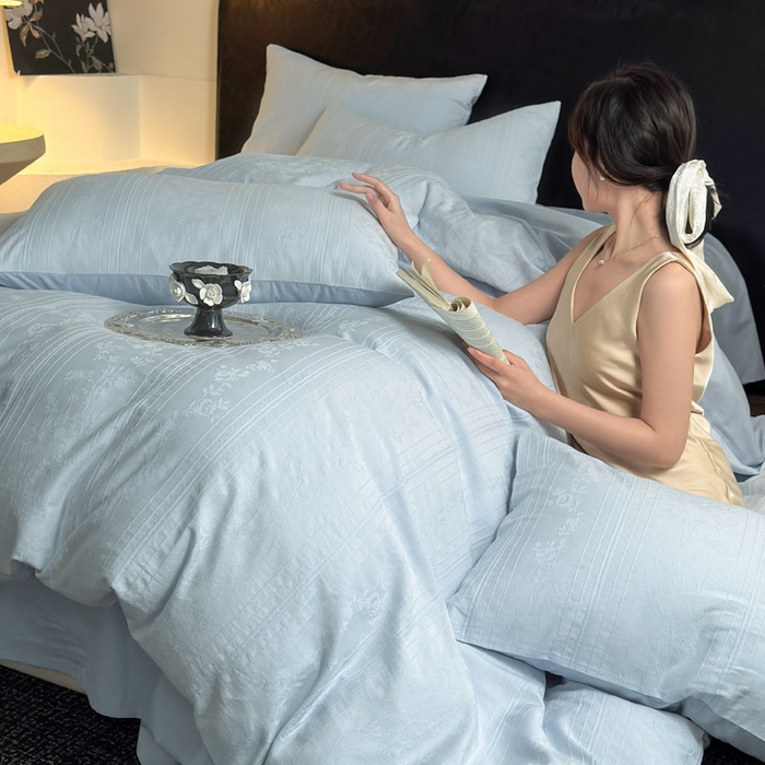 91家纺网 家纺一手货源 找家纺 佰亿莱 2026新款新疆长绒棉60支水洗提花四件套 海之蓝