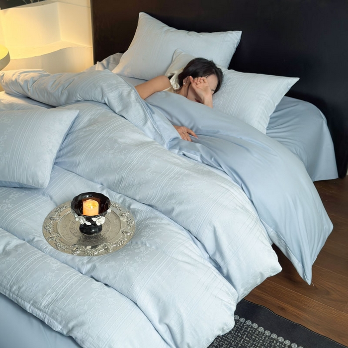 91家纺网 家纺一手货源 找家纺 佰亿莱 2026新款新疆长绒棉60支水洗提花四件套 海之蓝