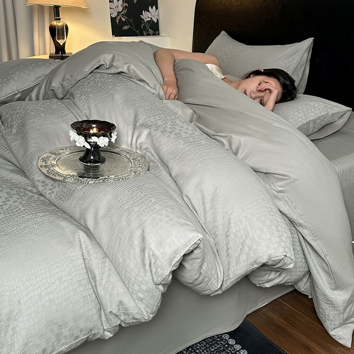 91家纺网 家纺一手货源 找家纺 佰亿莱 2026新款新疆长绒棉60支水洗提花四件套 石纹灰