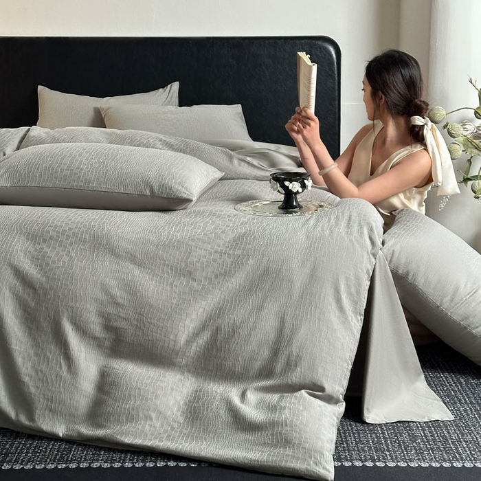 91家纺网 家纺一手货源 找家纺 佰亿莱 2026新款新疆长绒棉60支水洗提花四件套 石纹灰