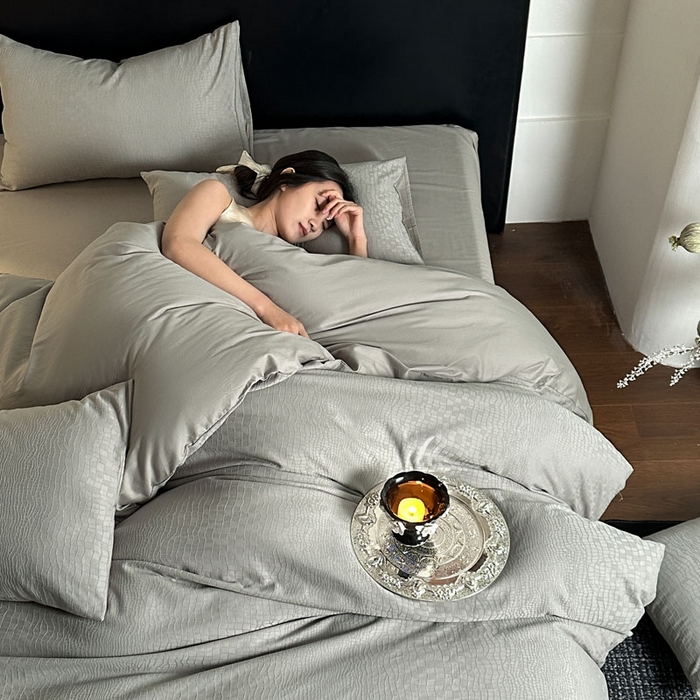 91家纺网 家纺一手货源 找家纺 佰亿莱 2026新款新疆长绒棉60支水洗提花四件套 石纹灰