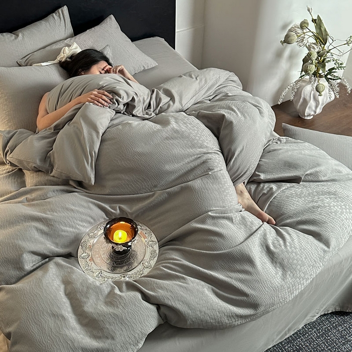 91家纺网 家纺一手货源 找家纺 佰亿莱 2026新款新疆长绒棉60支水洗提花四件套 石纹灰