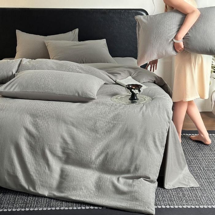 91家纺网 家纺一手货源 找家纺 佰亿莱 2026新款新疆长绒棉60支水洗提花四件套 石纹灰