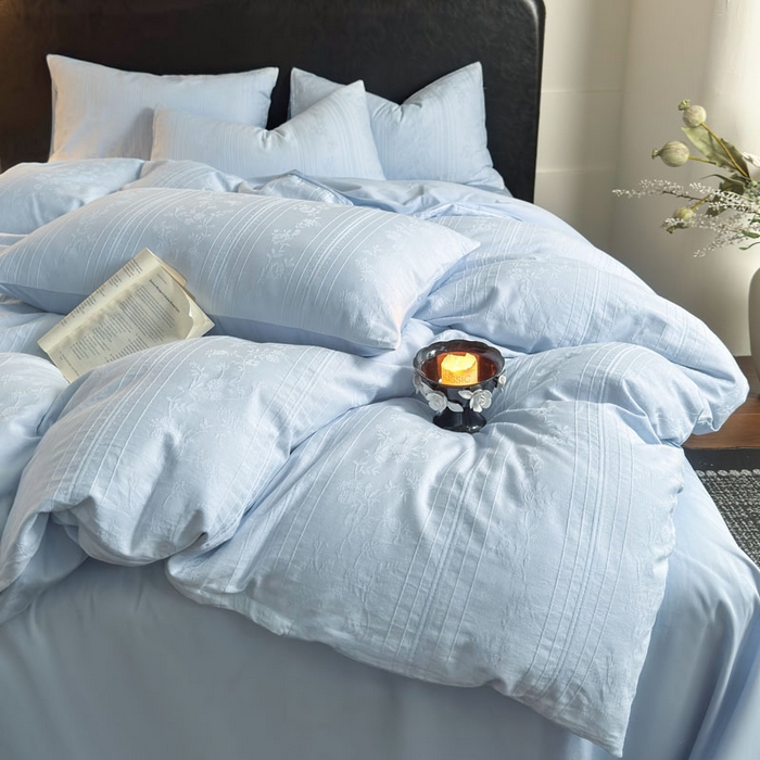 91家纺网 家纺一手货源 找家纺 佰亿莱 2026新款新疆长绒棉60支水洗提花四件套 海之蓝