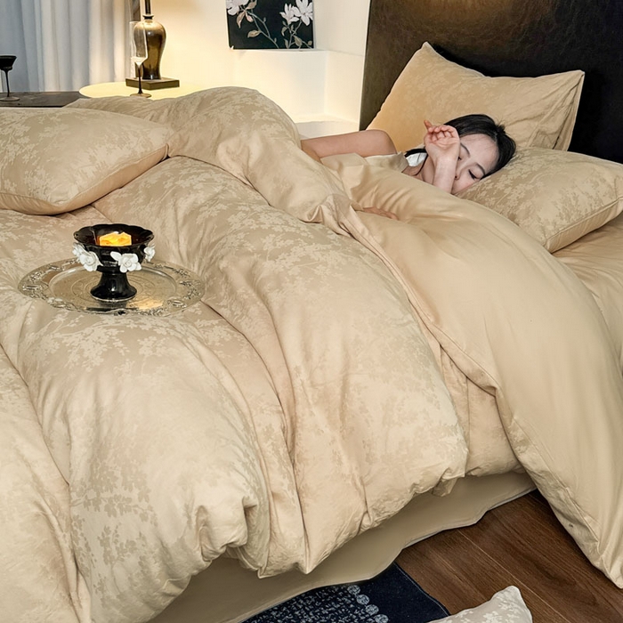 91家纺网 家纺一手货源 找家纺 佰亿莱 2026新款新疆长绒棉60支水洗提花四件套 浅杏清欢