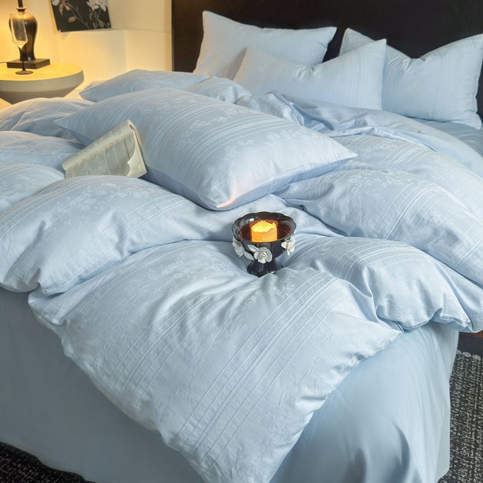 91家纺网 家纺一手货源 找家纺 佰亿莱 2026新款新疆长绒棉60支水洗提花四件套 海之蓝