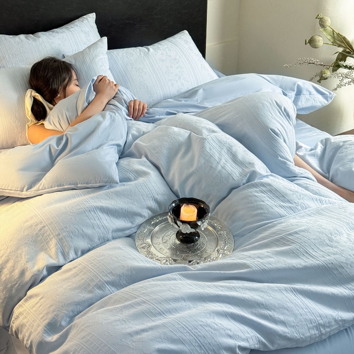 91家纺网 家纺一手货源 找家纺 佰亿莱 2026新款新疆长绒棉60支水洗提花四件套 海之蓝