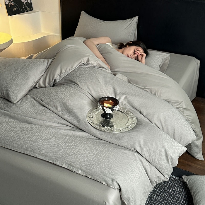 91家纺网 家纺一手货源 找家纺 佰亿莱 2026新款新疆长绒棉60支水洗提花四件套 石纹灰