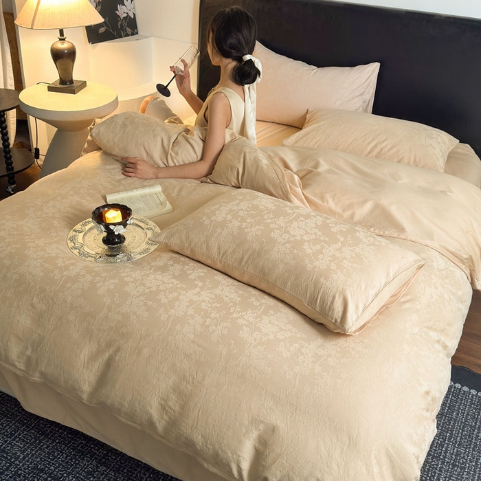 91家纺网 家纺一手货源 找家纺 佰亿莱 2026新款新疆长绒棉60支水洗提花四件套 浅杏清欢