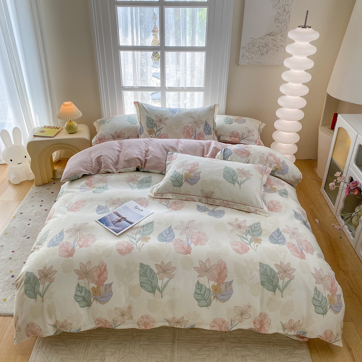 91家纺网 家纺一手货源 找家纺 钰锦铂2026新款直播爆款全棉四件套13070吊边床单一字绣印花纯棉三件套四件套 叶缦-米