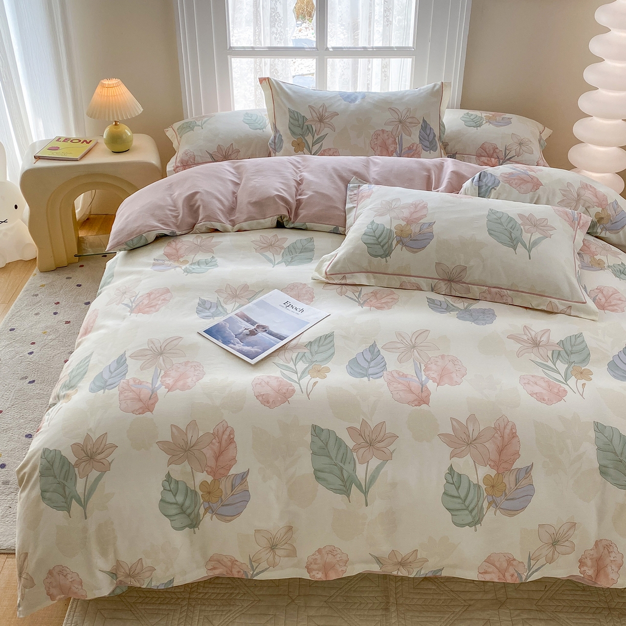 91家纺网 家纺一手货源 找家纺 钰锦铂2026新款直播爆款全棉四件套13070吊边床单一字绣印花纯棉三件套四件套 叶缦-米