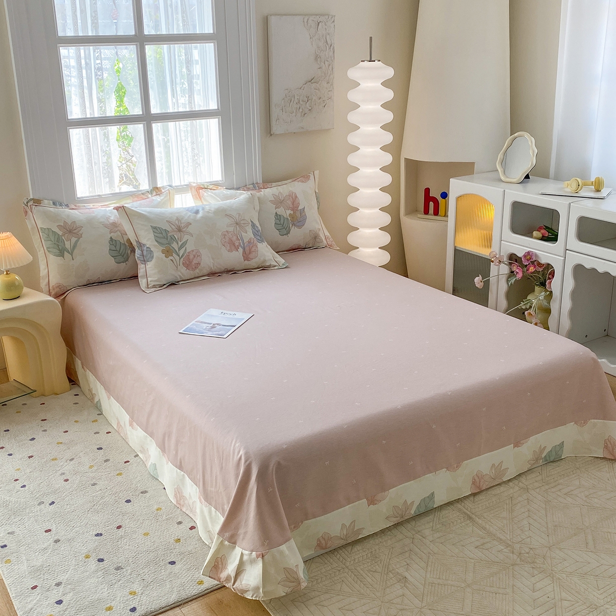 91家纺网 家纺一手货源 找家纺 钰锦铂2026新款直播爆款全棉四件套13070吊边床单一字绣印花纯棉三件套四件套 叶缦-米