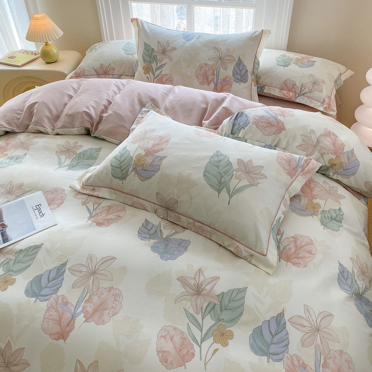 91家纺网 家纺一手货源 找家纺 钰锦铂2026新款直播爆款全棉四件套13070吊边床单一字绣印花纯棉三件套四件套 叶缦-米