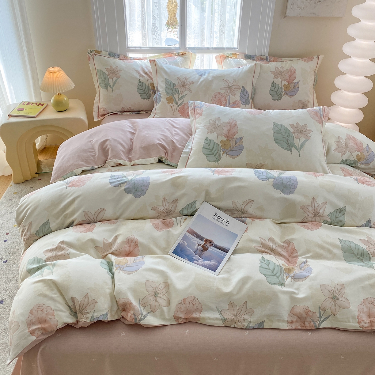 91家纺网 家纺一手货源 找家纺 钰锦铂2026新款直播爆款全棉四件套13070吊边床单一字绣印花纯棉三件套四件套 叶缦-米