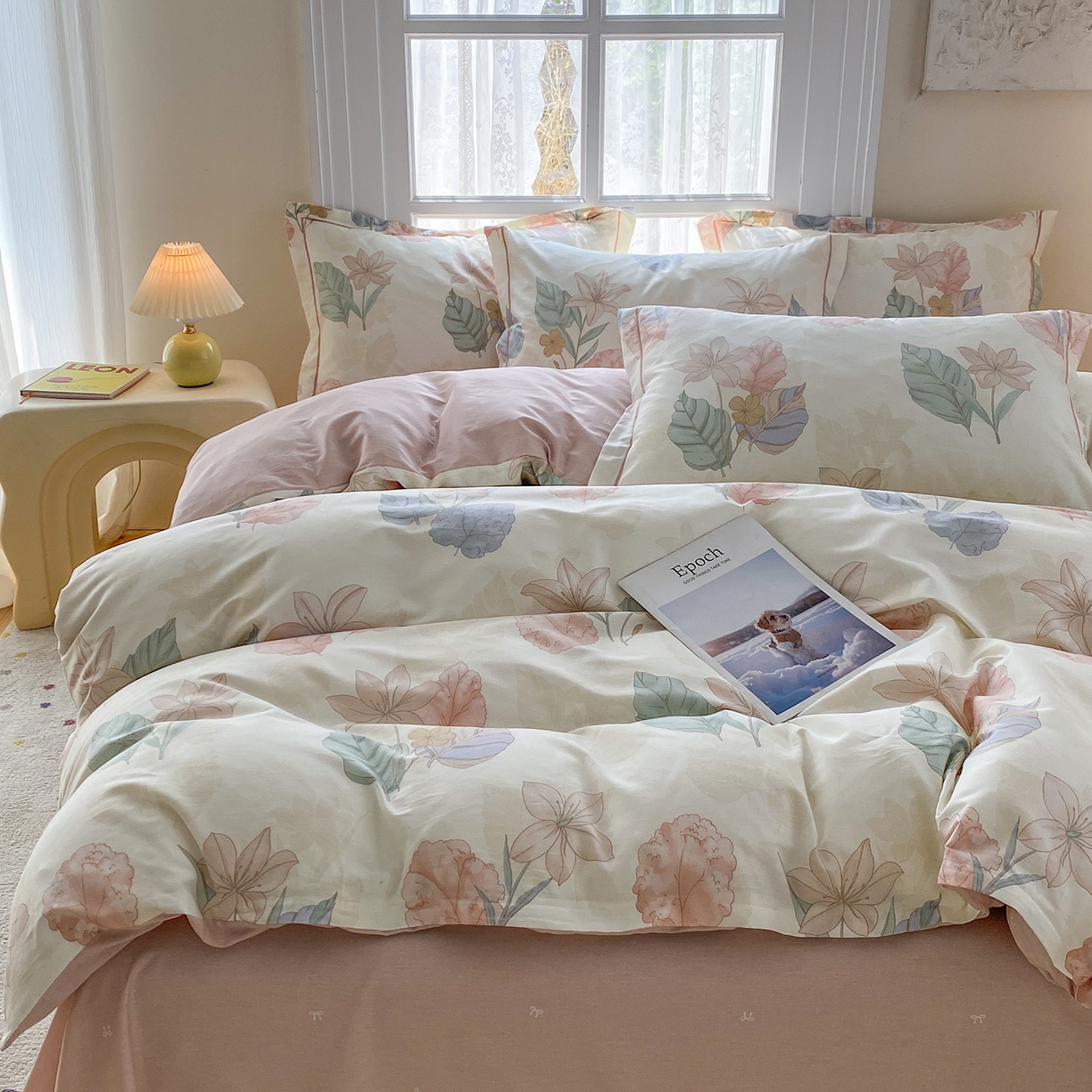 91家纺网 家纺一手货源 找家纺 钰锦铂2026新款直播爆款全棉四件套13070吊边床单一字绣印花纯棉三件套四件套 叶缦-米