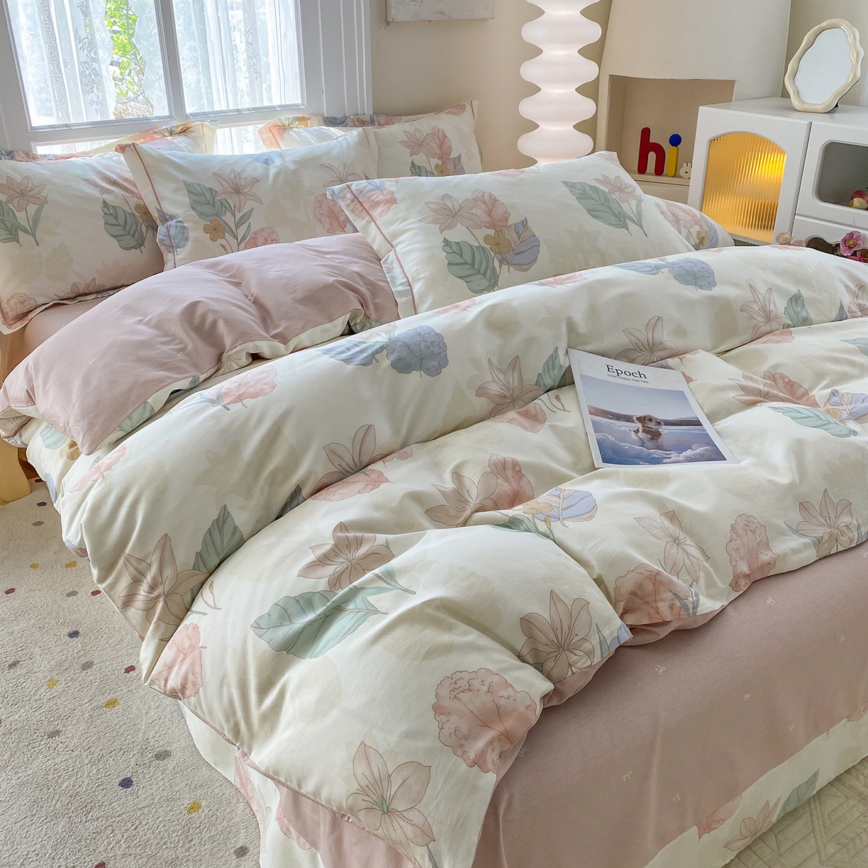 91家纺网 家纺一手货源 找家纺 钰锦铂2026新款直播爆款全棉四件套13070吊边床单一字绣印花纯棉三件套四件套 叶缦-米