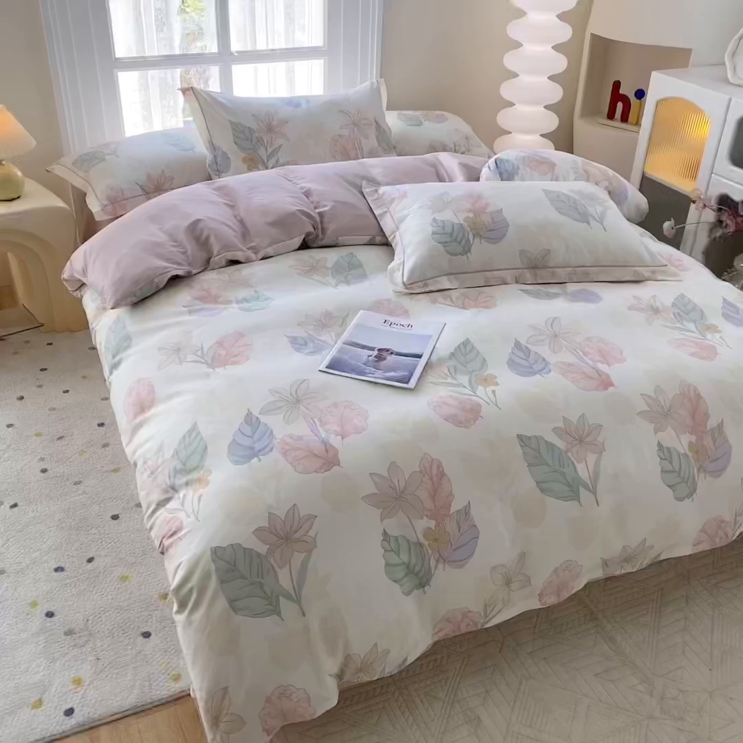 91家纺网 家纺一手货源 找家纺 钰锦铂2026新款直播爆款全棉四件套13070吊边床单一字绣印花纯棉三件套四件套 叶缦-米